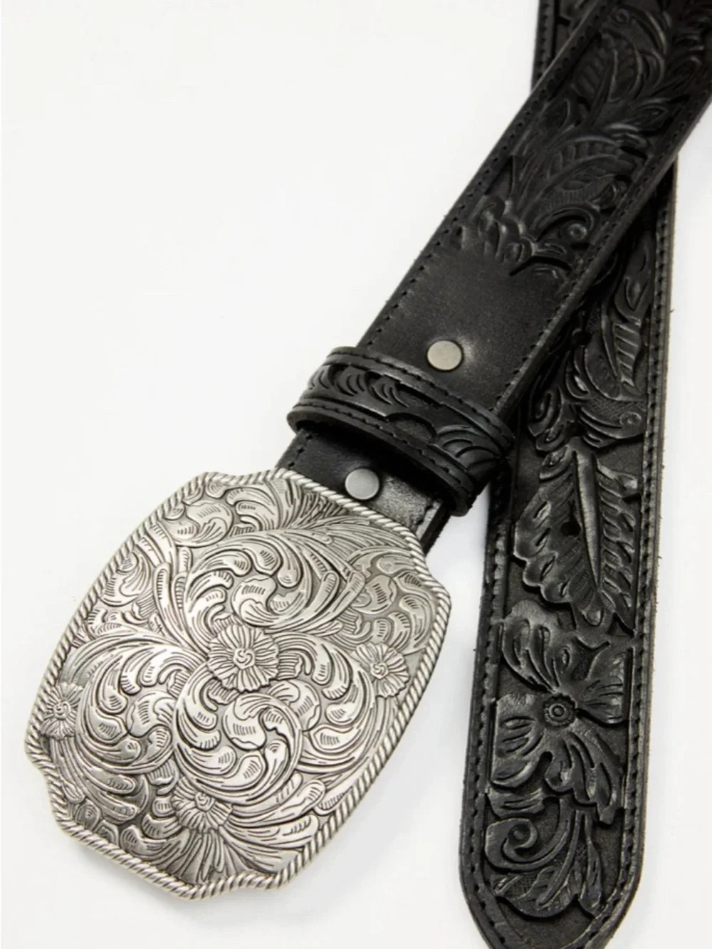 Idyllwind Black Floral Tooled Leather Belt with Ornate Silver Buckle